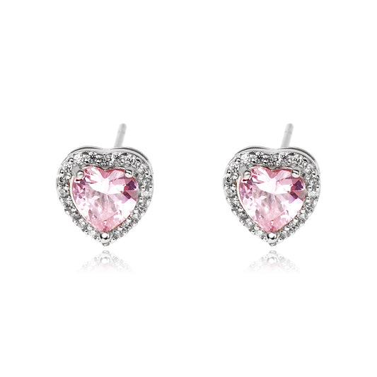 Cercei Placati cu Rodiu cu Cristale Zirconia Roz Inimi Pink Eros