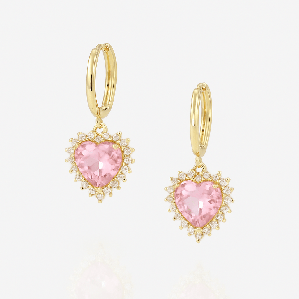 Cercei Placati cu Aur cu Cristale Zirconia Inimi Roz Pink Love