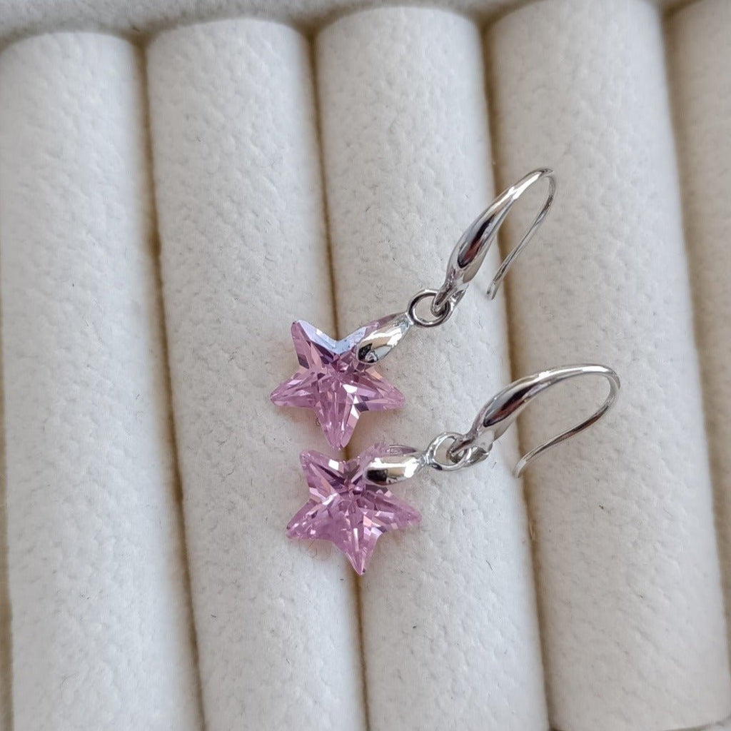 Cercei Placati cu Argint cu Cristale Roz Stele Pink Stars
