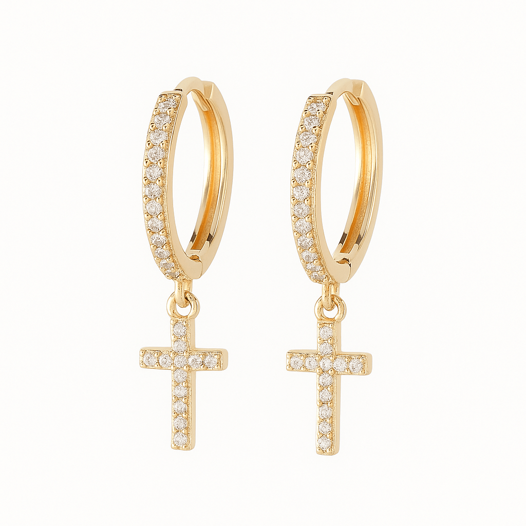 Cercei Placati cu Aur Cu Cristale Zirconia Hoops cu Cruce Cross Pendant