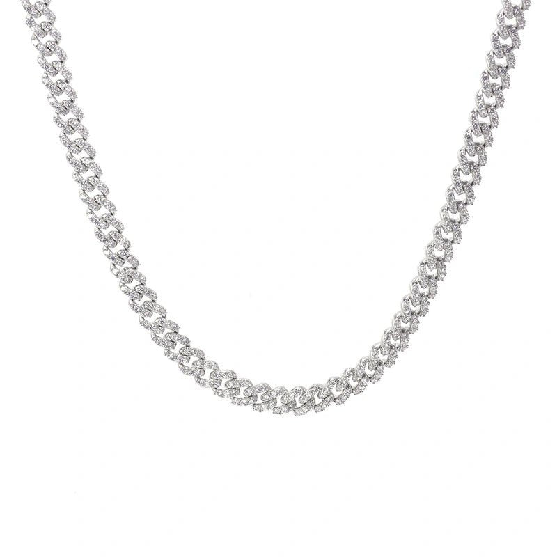 Colier Cuban Chain la Baza Gatului cu Cristale Zirconia Placat Cu Rodiu