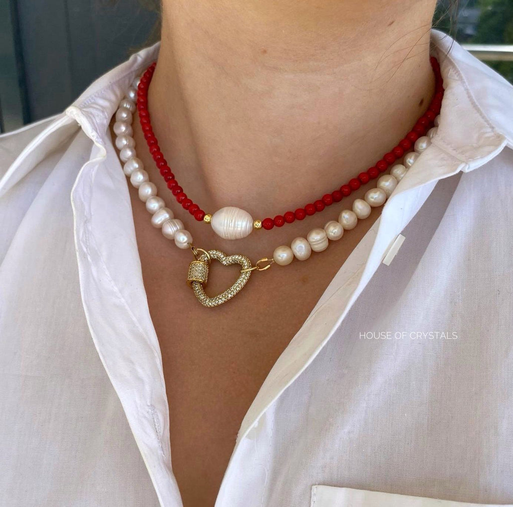 Colier din Coral Natural Rosu cu Perla de Cultura Red Coral