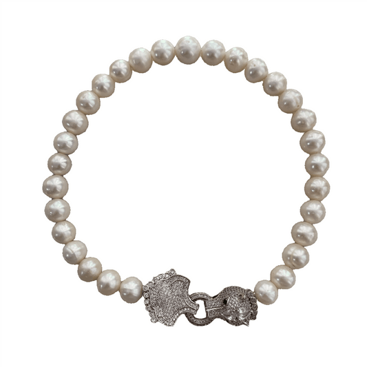 Colier Placat cu Rodiu tip Choker cu Perle Albe Jaguar