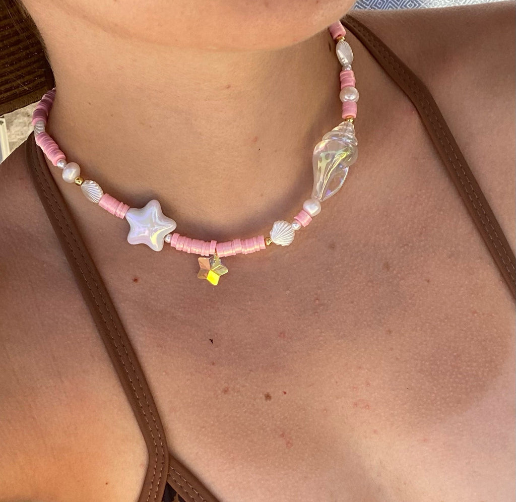 Colier Placat cu Aur cu Margele Colorate si Perle de Sticla Mermaid