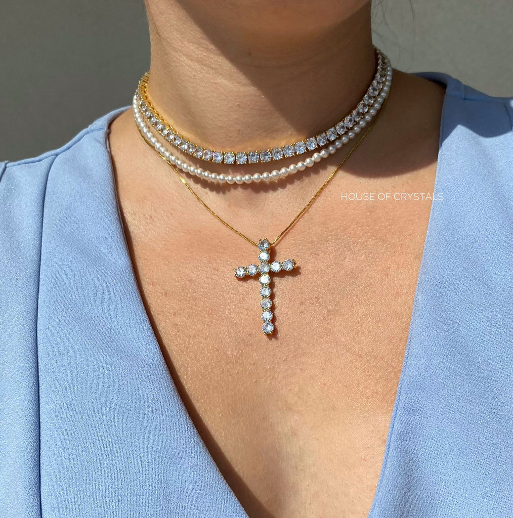 Colier Placat Cu Aur cu Pandantiv Cruce Cristale Zirconia Cross