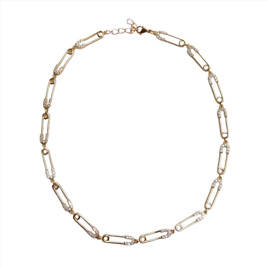 Colier tip Choker Placat cu Aur cu Cristale Zirconia Safety Pin