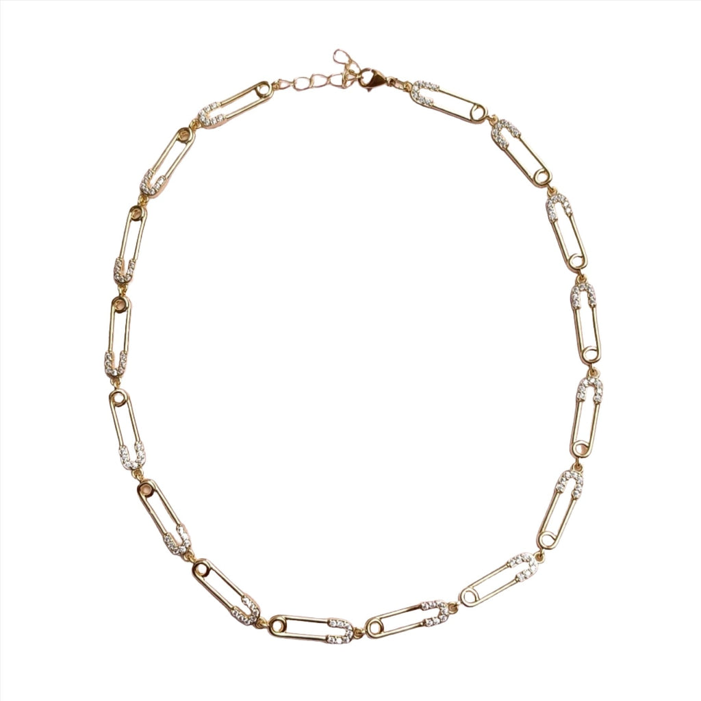 Colier tip Choker Placat cu Aur cu Cristale Zirconia Safety Pin