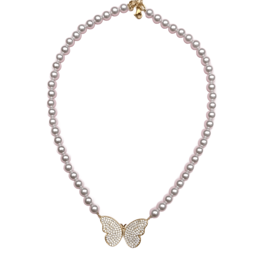 Colier cu Perle Albe si Pandantiv Zirconia Fluture Summer
