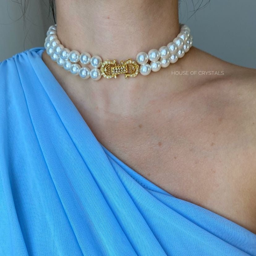 Colier tip Choker cu Doua Randuri de Perle Albe și Inchizatoare Frontala Placata cu Rodiu Matilda