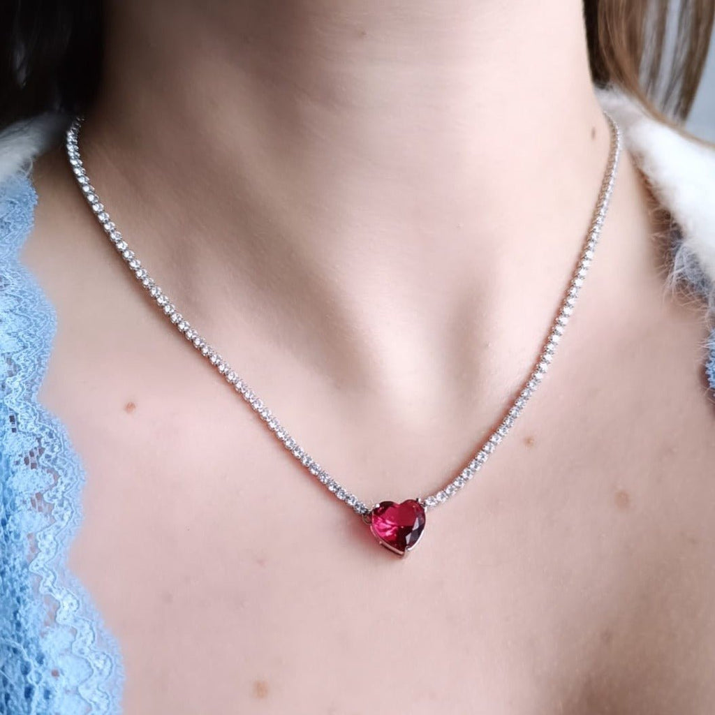 Colier tip Tennis cu Cristale Zirconia Placat cu Aur Red Heart