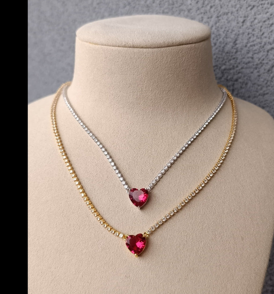 Colier tip Tennis cu Cristale Zirconia Placat cu Aur Red Heart