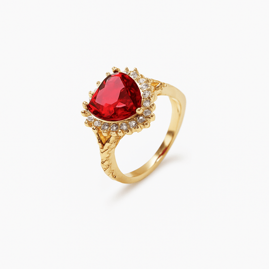 Inel Placat cu Aur cu Cristale Zirconia Inima Rosie Red Love