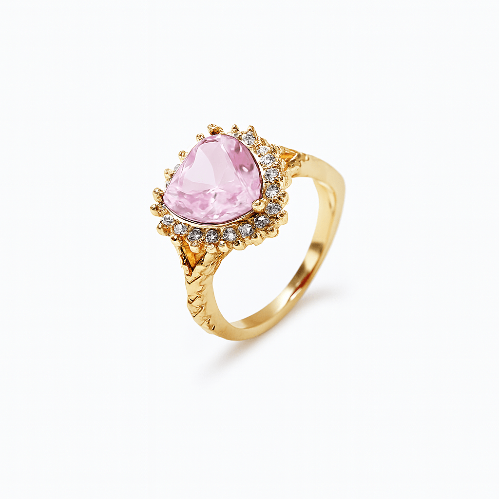 Inel Placat cu Aur cu Cristale Zirconia Inima Roz Pink Love