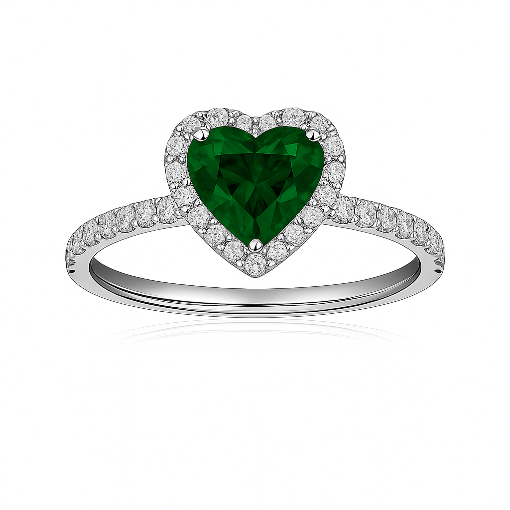 Inel Placat cu Rodiu cu Cristale Zirconia Inima Verde Crystal Heart Green