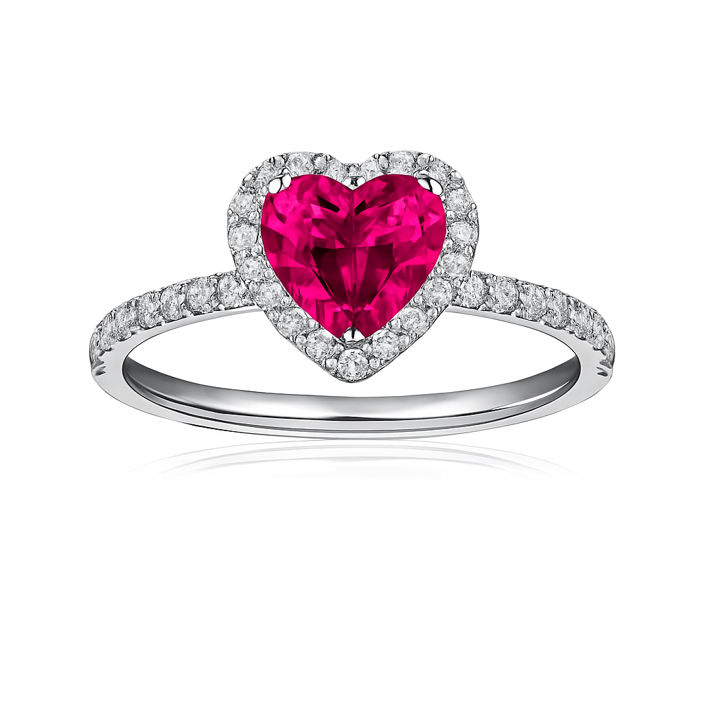 Inel Placat cu Rodiu cu Inima Roz si Cristale Zirconia Crystal Heart Pink