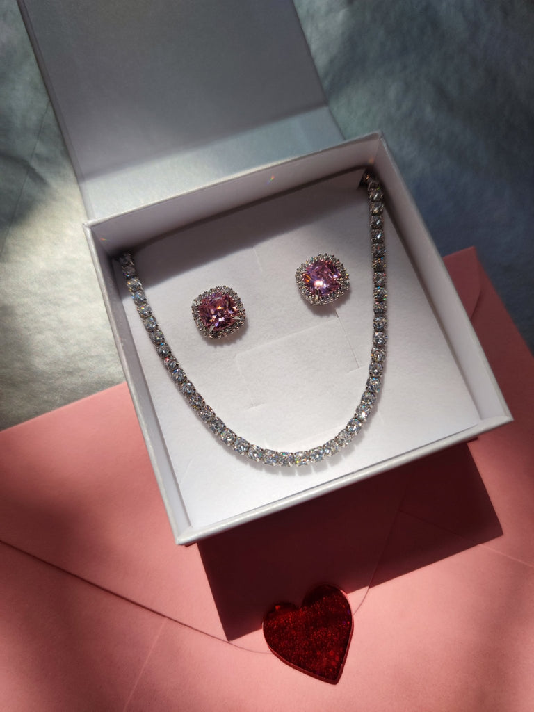 Set tip Tennis Placat cu Rodiu Colier și Cercei cu Cristale Roz Pink Princess