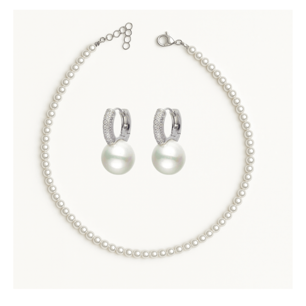 Set Placat cu Argint Colier tip Choke Perle Albe si Cercei Lady