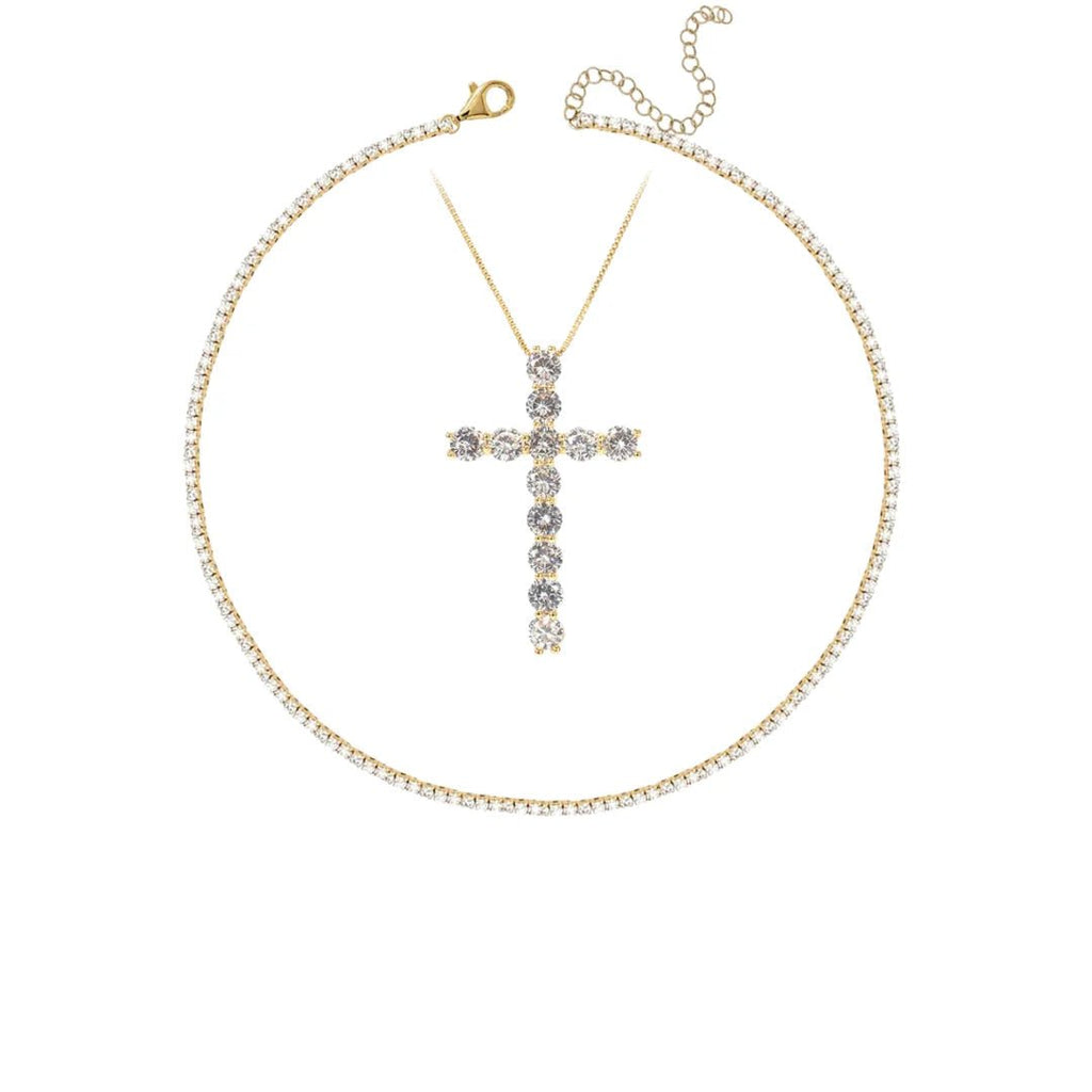 Set Placat cu Aur Colier tip Tennis si Colier cu Pandantiv Cruce Cristale Zirconia Cross