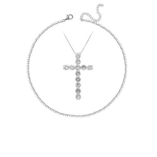 Set Placat cu Aur Colier tip Tennis si Colier cu Pandantiv Cruce Cristale Zirconia Cross