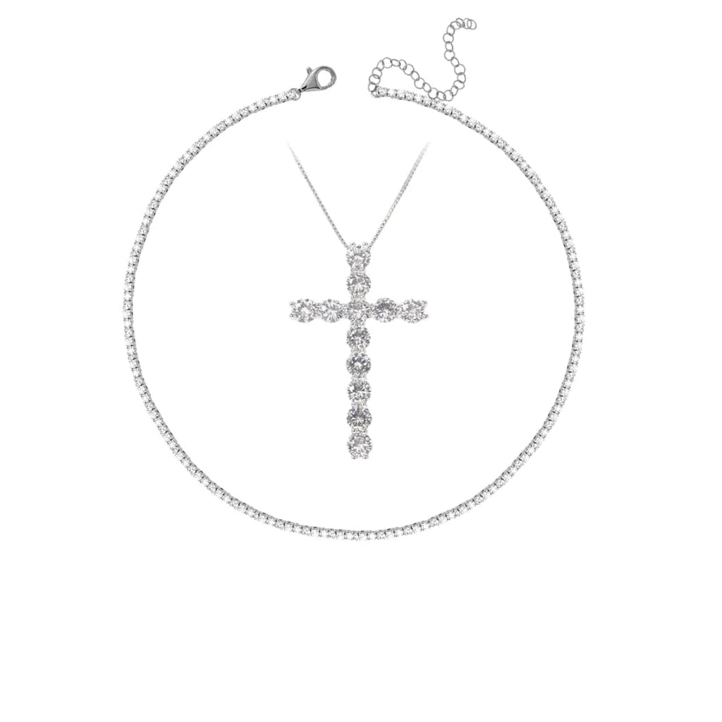 Set Placat cu Aur Colier tip Tennis si Colier cu Pandantiv Cruce Cristale Zirconia Cross