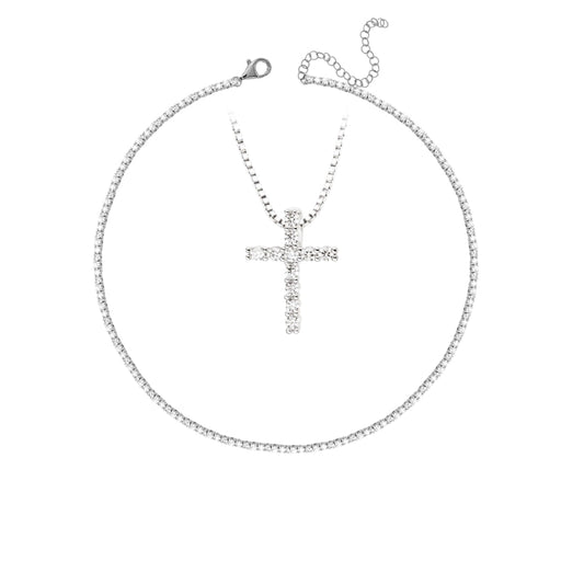 Set Placat cu Rodiu Colier tip Tennis și Colier cu Cruce cu Cristale Zirconia Cross Pendant
