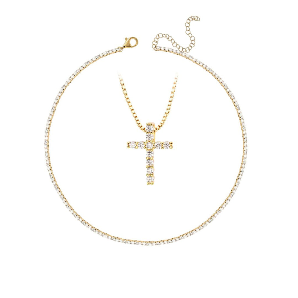 Set Placat cu Rodiu Colier tip Tennis și Colier cu Cruce cu Cristale Zirconia Cross Pendant