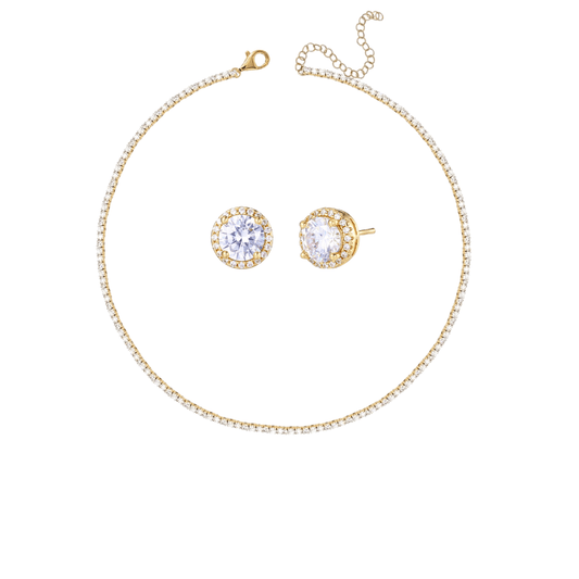 Set tip Tennis Placat cu Aur Colier și Cercei Rotunzi cu Cristale Zirconia Elisabeth