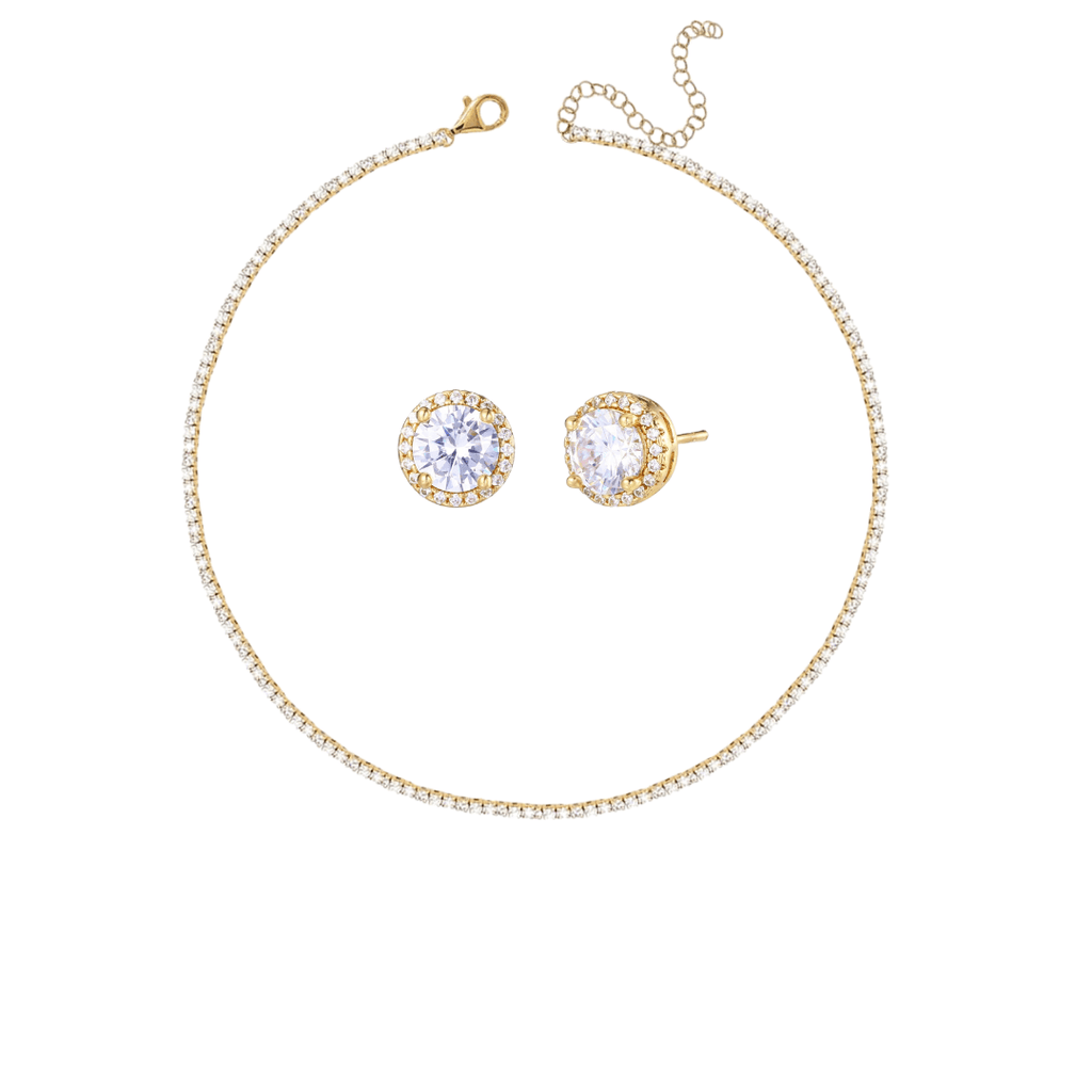 Set tip Tennis Placat cu Aur Colier și Cercei Rotunzi cu Cristale Zirconia Elisabeth
