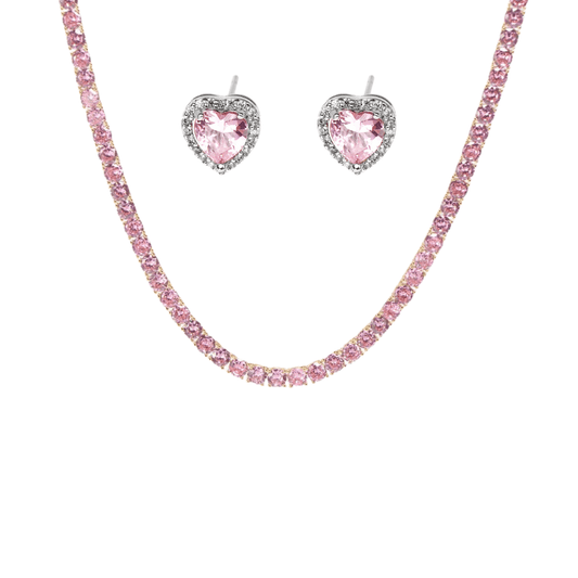 Set tip Tennis Placat cu Rodiu Colier și Cercei cu Cristale Zirconia Roz Pink Melody
