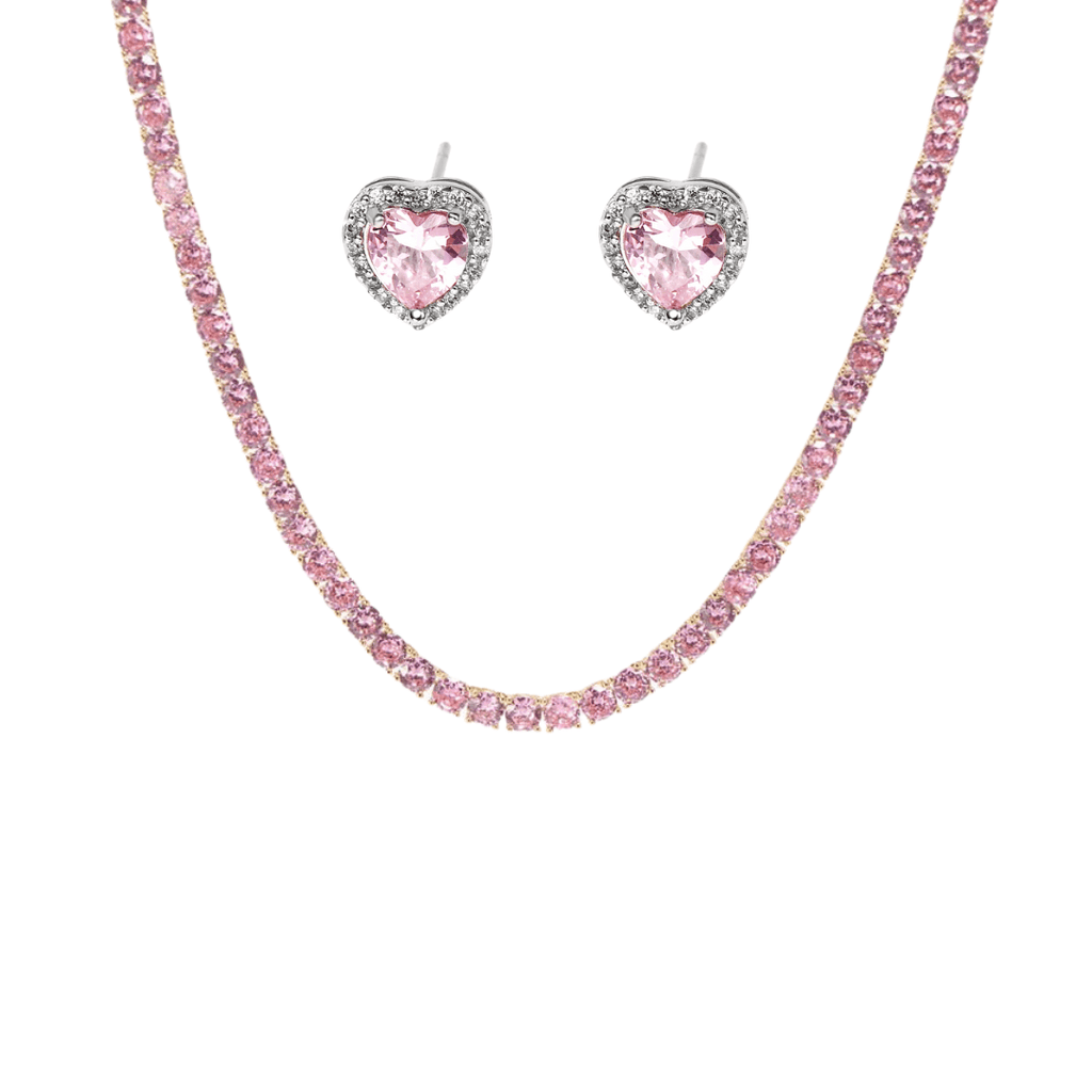 Set tip Tennis Placat cu Rodiu Colier și Cercei cu Cristale Zirconia Roz Pink Melody
