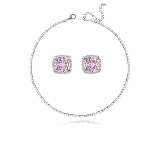 Set tip Tennis Placat cu Rodiu Colier și Cercei cu Cristale Zirconia Roz Pink Princess