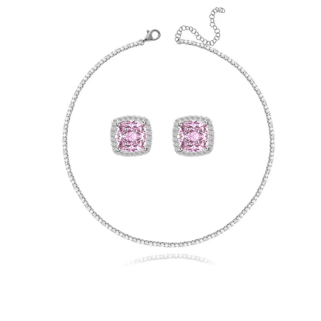 Set tip Tennis Placat cu Rodiu Colier și Cercei cu Cristale Zirconia Roz Pink Princess
