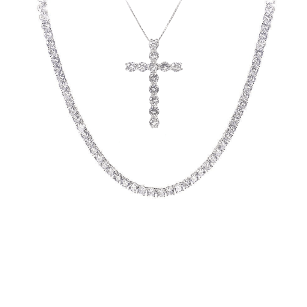 Set tip Tennis Placat cu Rodiu Coliere cu Cristale Zirconia și Pandantiv Cruce Melody