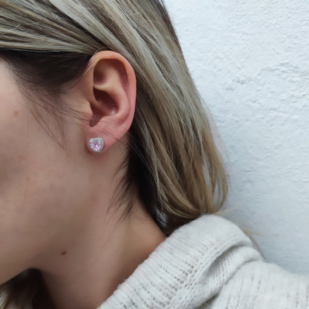 Cercei Placati cu Rodiu cu Cristale Zirconia Roz Inimi Pink Eros