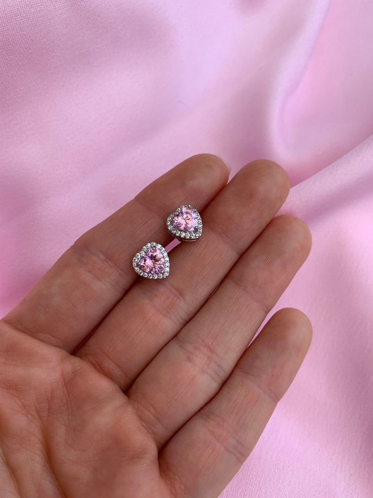 Cercei Placati cu Rodiu cu Cristale Zirconia Roz Inimi Pink Eros