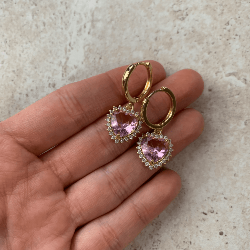 Cercei Placati cu Aur cu Cristale Zirconia Inimi Roz Pink Love