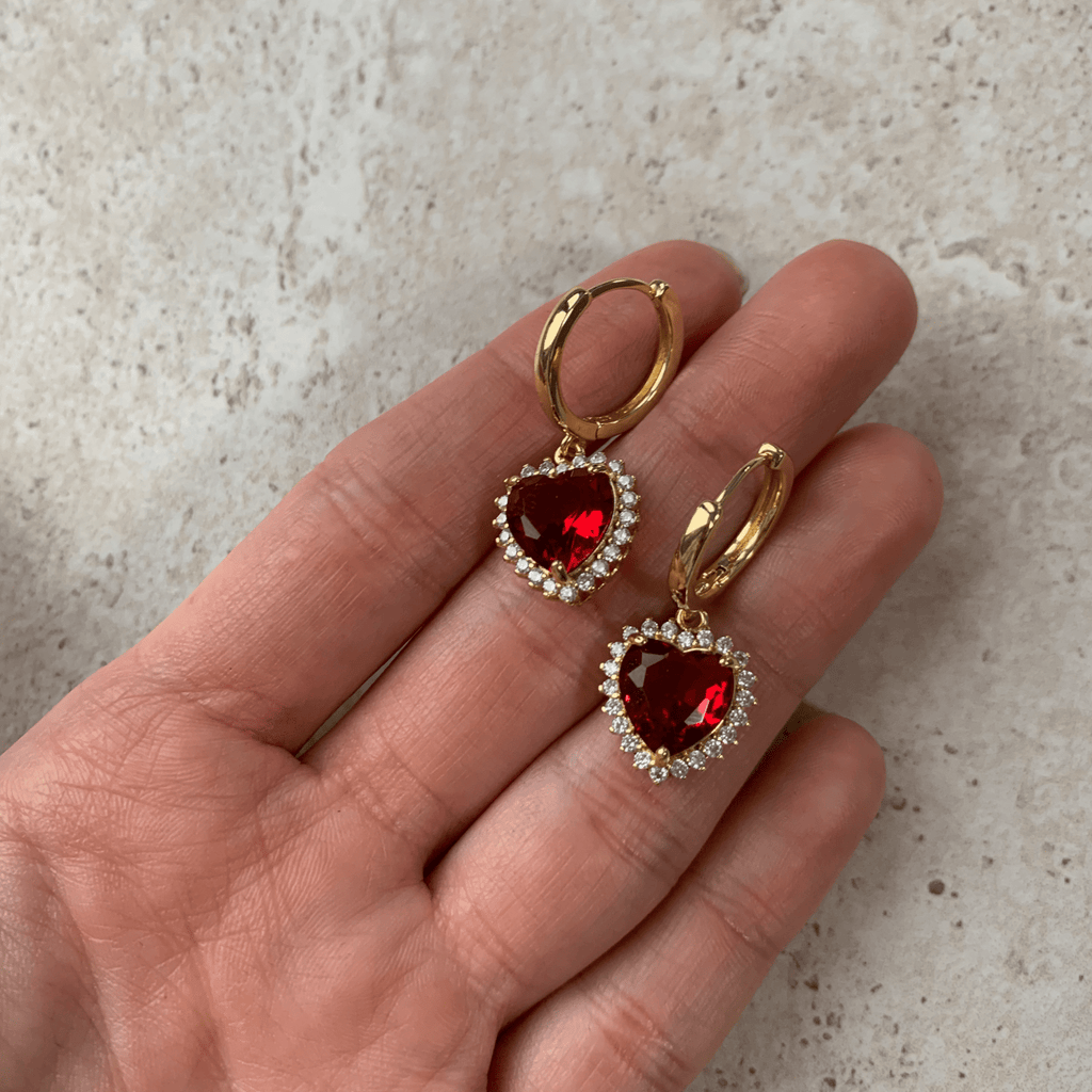 Cercei Placati cu Aur cu Cristale Zirconia Inimi Rosi Red Love