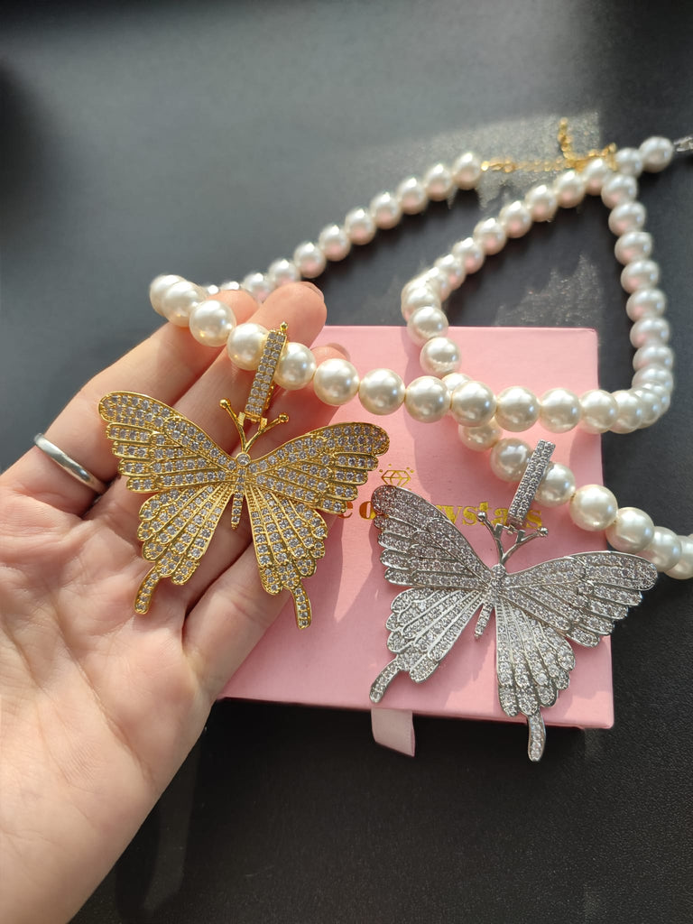 Colier cu Perle cu Pandantiv Fluture Placat cu Aur Royal Butterfly