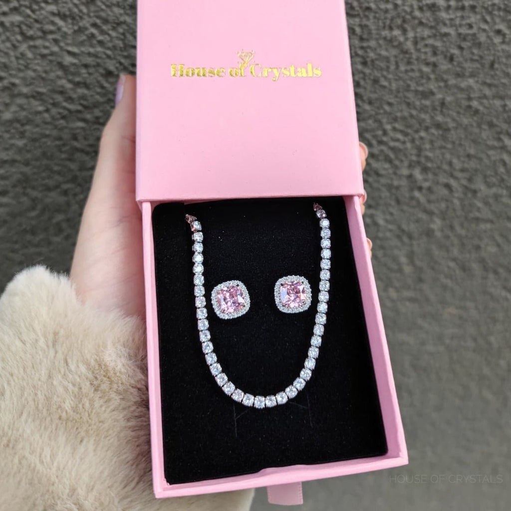 Set tip Tennis Placat cu Rodiu Colier și Cercei cu Cristale Roz Pink Princess